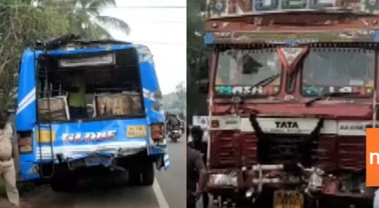 തൃശൂരില്‍ സ്വകാര്യ ബസിനു പിന്നില്‍ ചരക്കുലോറി ഇടിച്ച് 13 പേര്‍ക്ക് പരുക്ക്; ബസിന്റെ പിന്‍ഭാഗം തകര്‍ന്നു