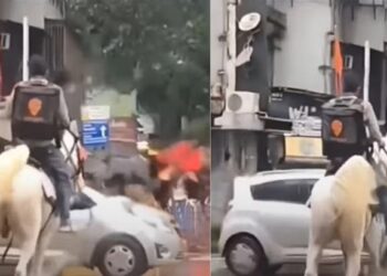 കസ്റ്റമര്‍ വിശന്നിരിക്കേണ്ട: കനത്ത മഴയില്‍ കുതിരപ്പുറത്തേറി ഭക്ഷണമെത്തിച്ച് ഡെലിവറി ബോയി, അഭിനന്ദനം