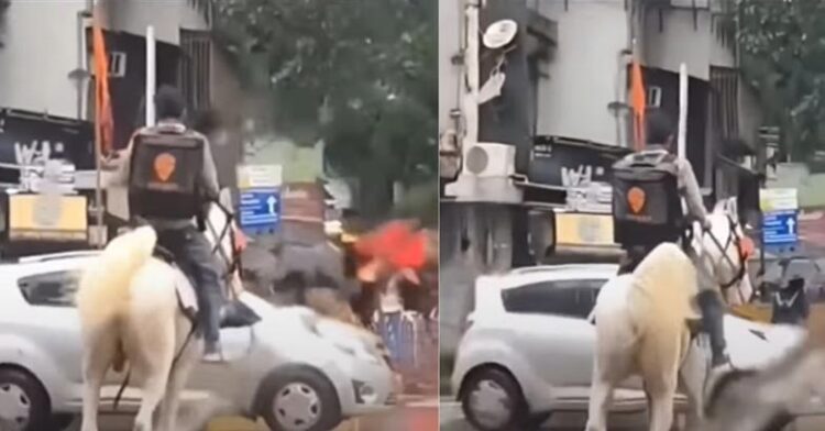 കസ്റ്റമര്‍ വിശന്നിരിക്കേണ്ട: കനത്ത മഴയില്‍ കുതിരപ്പുറത്തേറി ഭക്ഷണമെത്തിച്ച് ഡെലിവറി ബോയി, അഭിനന്ദനം