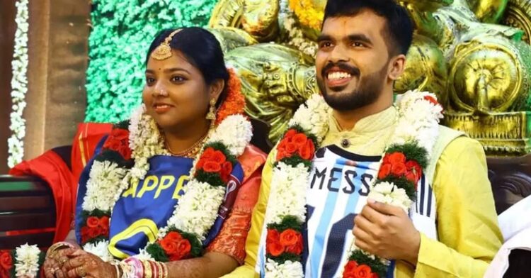 കതിര്‍ മണ്ഡപത്തിലും ഫുട്‌ബോള്‍ ആവേശം: മെസ്സിയുടെയും എംബാപ്പെയുടെയും ജഴ്സിയണിഞ്ഞെത്തി വധൂവരന്മാര്‍