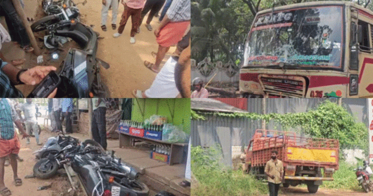 കെഎസ്ആര്‍ടിസി ബസിടിച്ച് നിയന്ത്രണം നഷ്ടപ്പെട്ട ലോറി 4 ബൈക്കുകളില്‍ ഇടിച്ചു, ഒഴിവായത് വന്‍ ദുരന്തം