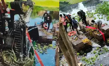 കുളത്തിലെ ദുർഗന്ധം വമിക്കുന്ന മലിനജലത്തിൽ 50അടി താഴ്ചയിലേക്ക് മുങ്ങി മണ്ണുമാന്തിയന്ത്രം, ഡ്രൈവർക്ക് അത്ഭുതരക്ഷ